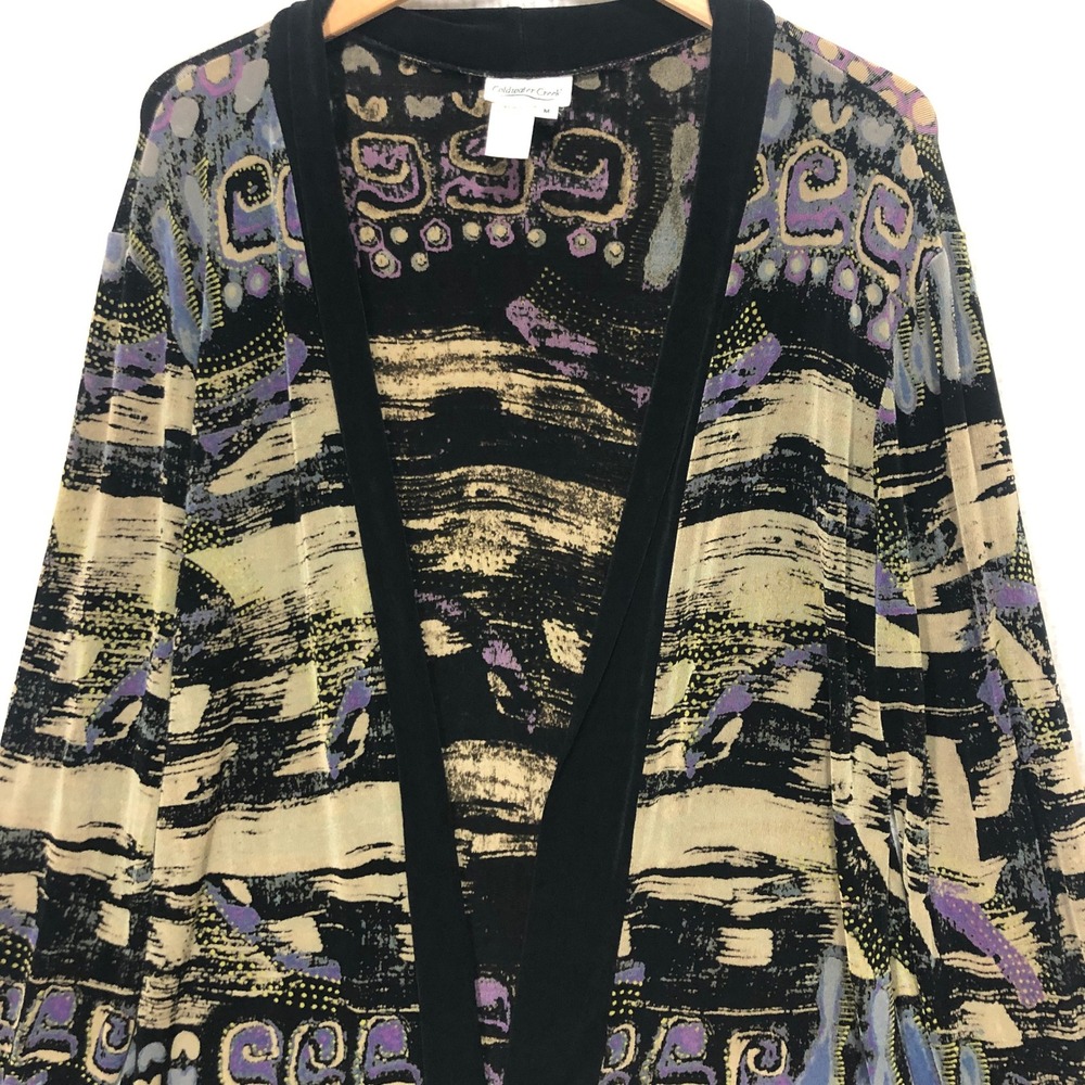 Coldwater Creek Abstract Print Kimono Cardigan Top Women's M Black Beige Purple‎